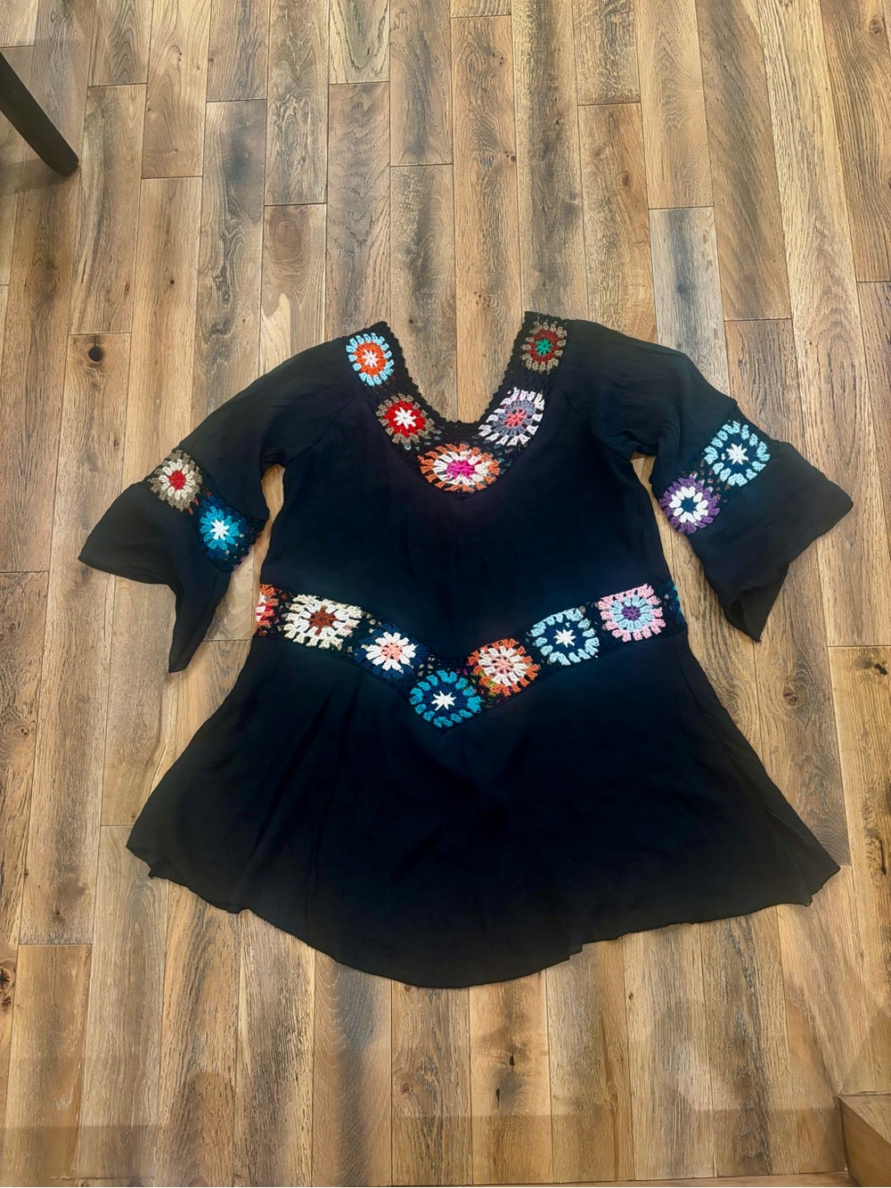 Black Boho Swimsuit Cover Embroidered Tunic with Multicolor Crochet Accents